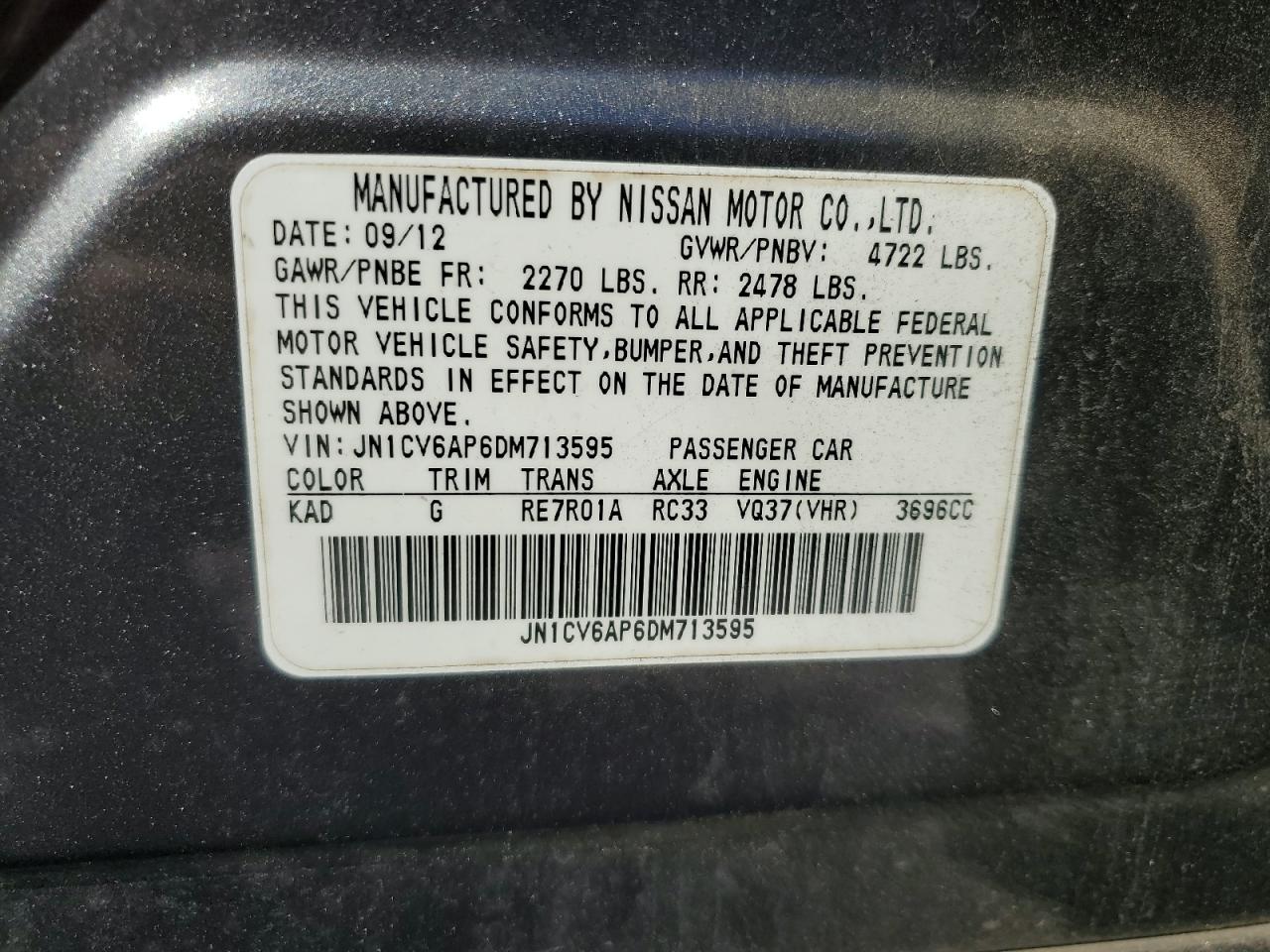 2013 Infiniti G VIN JN1CV6AP6DM713595 Copart auction photo, mechanical / minor dent/scratches damage thumbnail 12