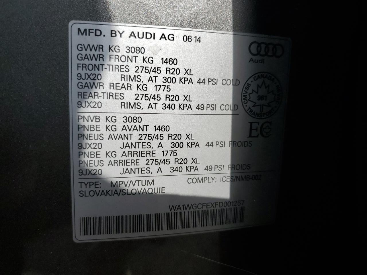2015 Audi Q7 VIN WA1WGCFEXFD001257 Copart auction photo, front end / mechanical damage thumbnail 14
