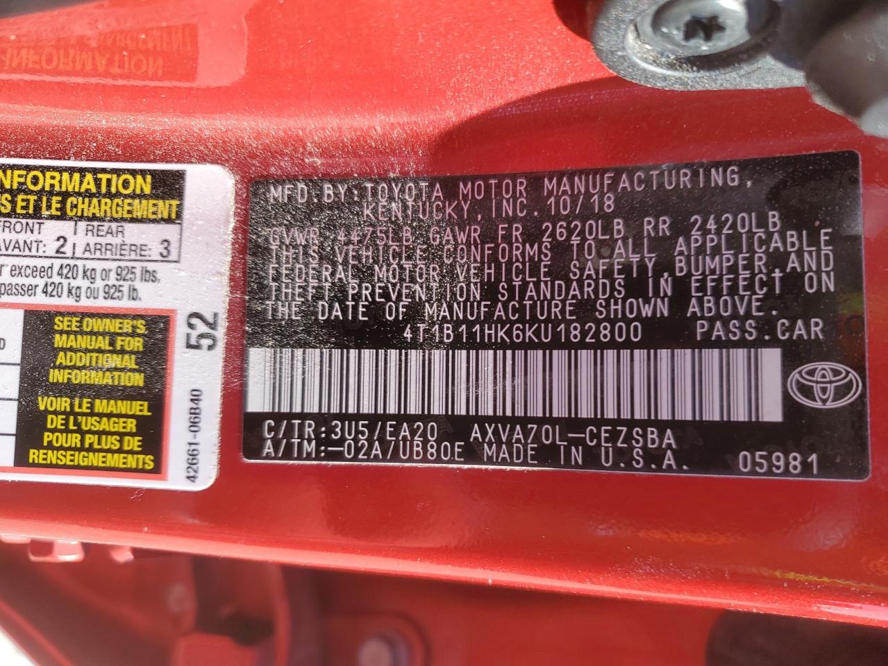 2019 Toyota Camry VIN 4T1B11HK6KU182800 Copart auction photo, all over damage thumbnail 13