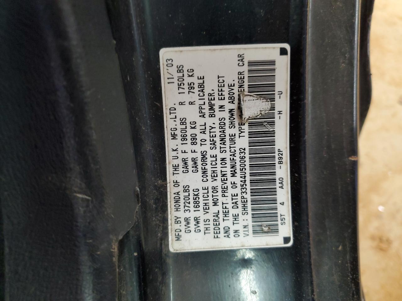 2004 Honda Civic VIN SHHEP33544U500632 Copart auction photo, rear end damage thumbnail 12