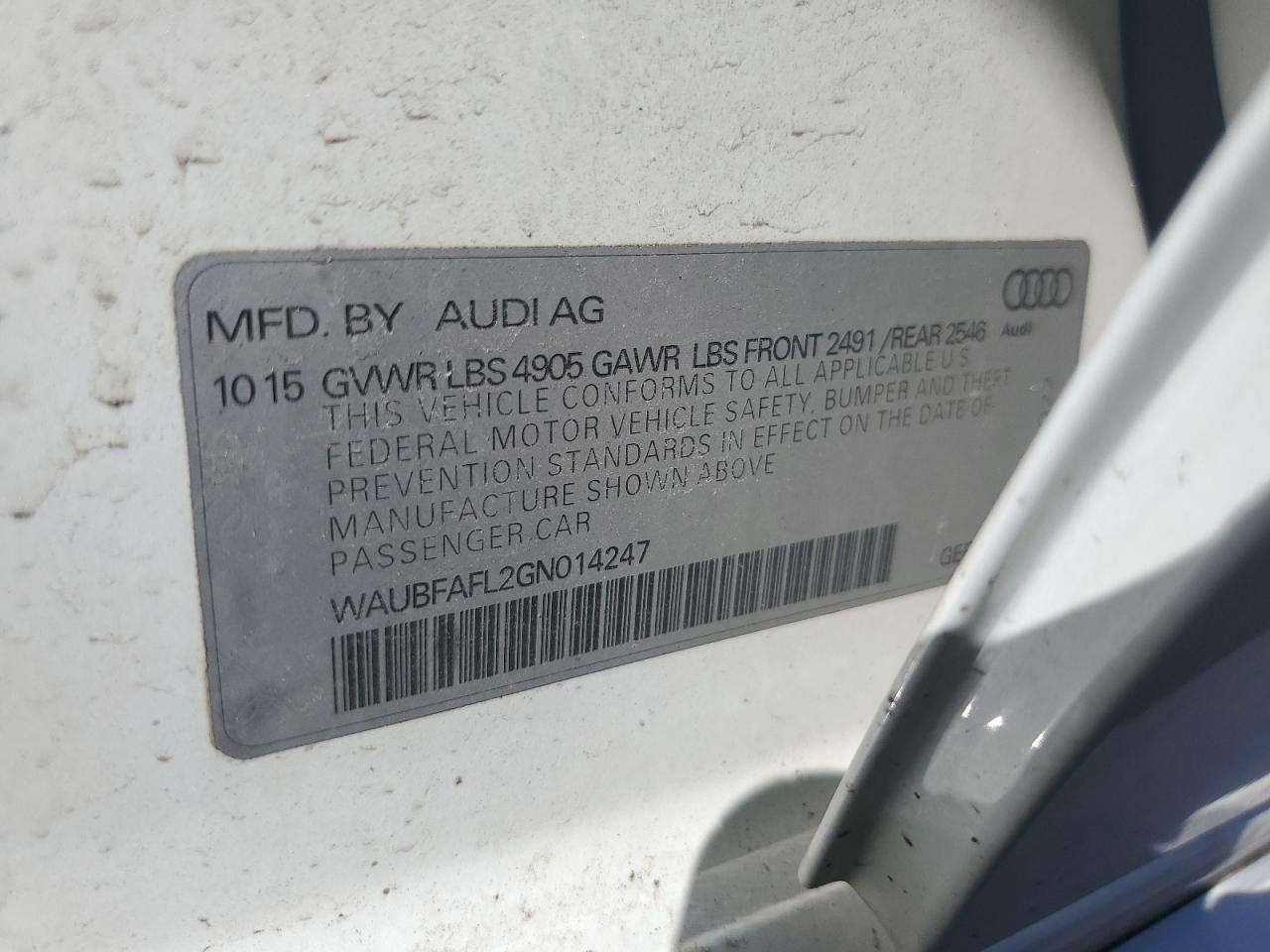 2016 Audi A4 VIN WAUBFAFL2GN014247 Copart auction photo, front end / side damage thumbnail 12
