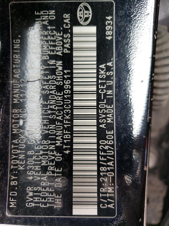 2012 Toyota Camry VIN 4T1BF1FK3CU199611 Copart auction photo, normal wear damage thumbnail 12
