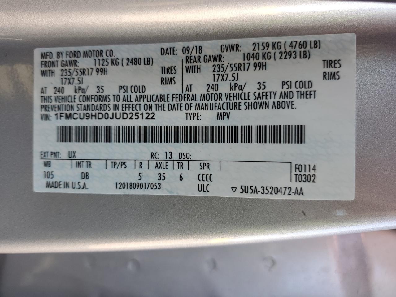 2018 Ford Escape VIN 1FMCU9HD0JUD25122 Copart auction photo, front end / minor dent/scratches damage thumbnail 13