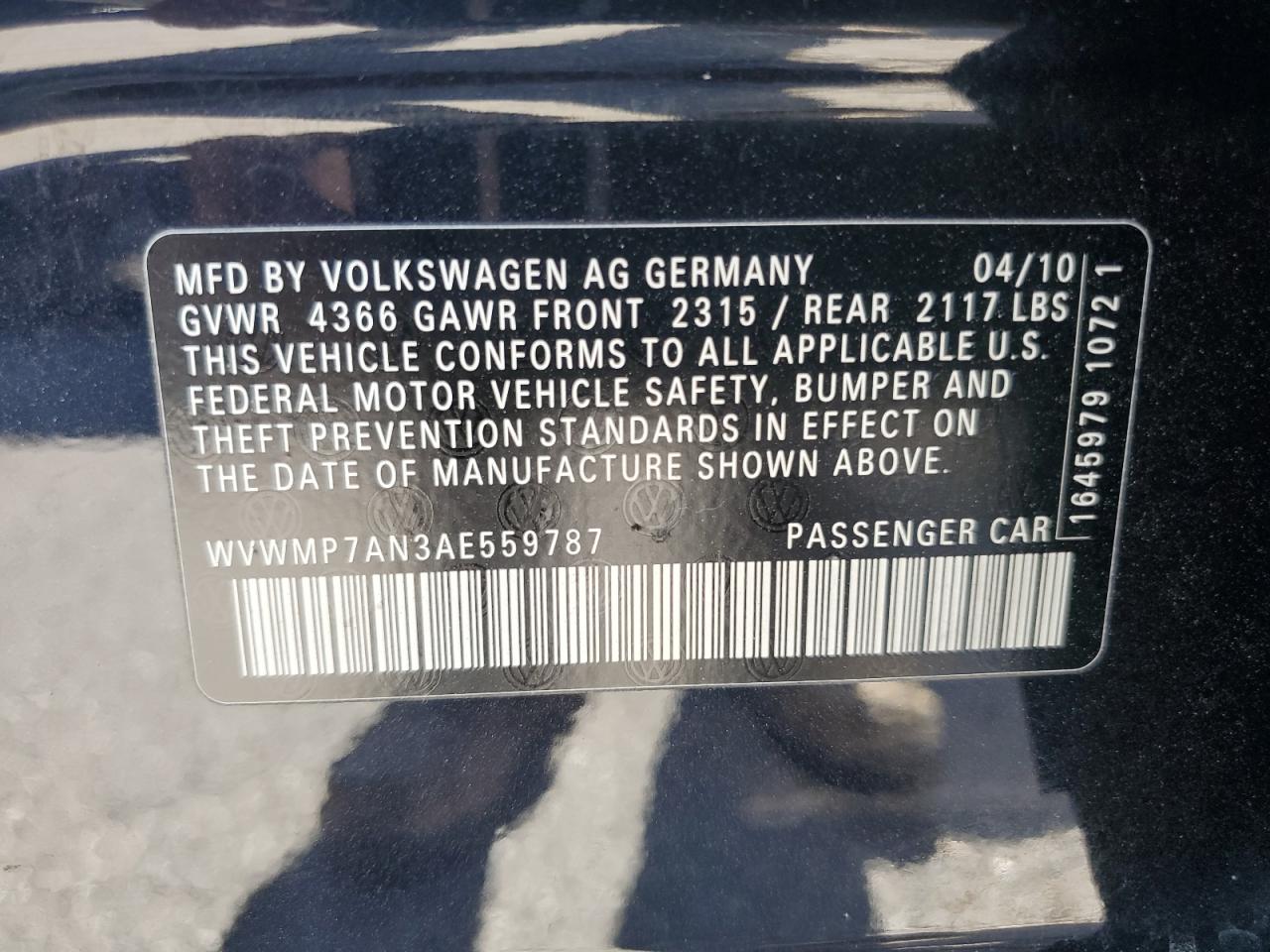2010 Volkswagen Passat CC VIN WVWMP7AN3AE559787 Copart auction photo, rear end / minor dent/scratches damage thumbnail 12