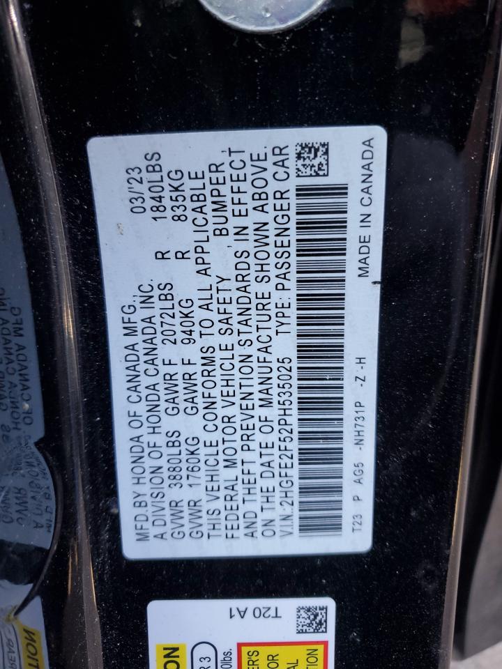 2023 Honda Civic VIN 2HGFE2F52PH535025 Copart auction photo, front end / minor dent/scratches damage thumbnail 12