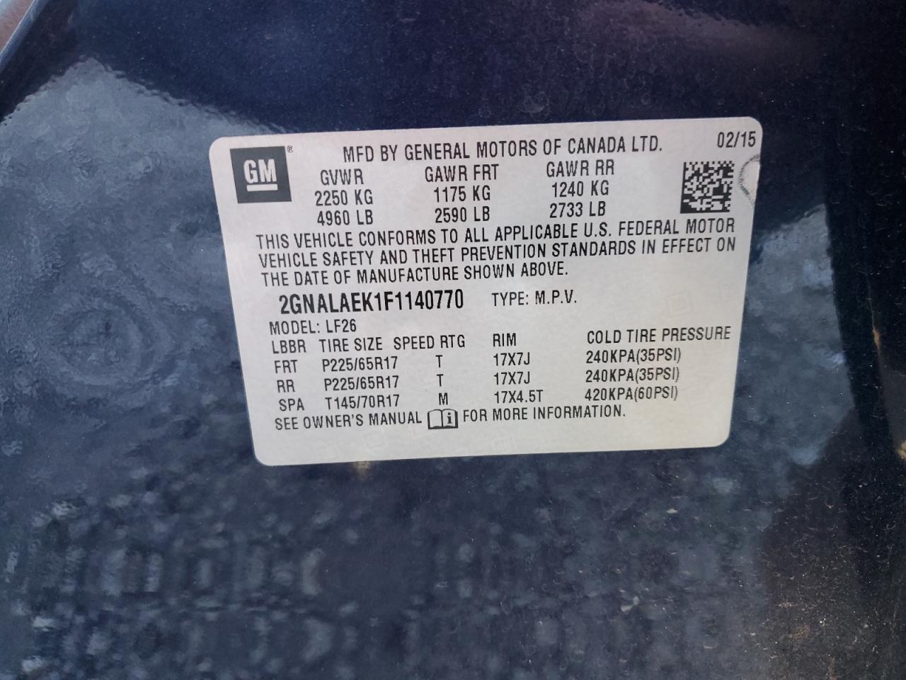 2015 Chevrolet Equinox VIN 2GNALAEK1F1140770 Copart auction photo, front end / mechanical damage thumbnail 16