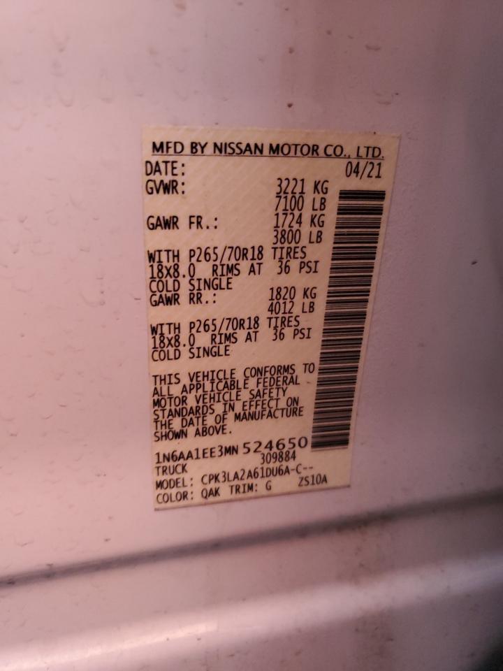 2021 Nissan Titan VIN 1N6AA1EE3MN524650 Copart auction photo, front end damage thumbnail 14