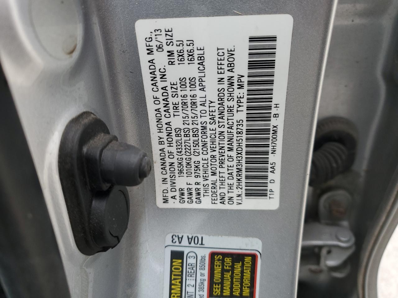 2013 Honda CR-V VIN 2HKRM3H3XDH518735 Copart auction photo, front end / side damage thumbnail 15