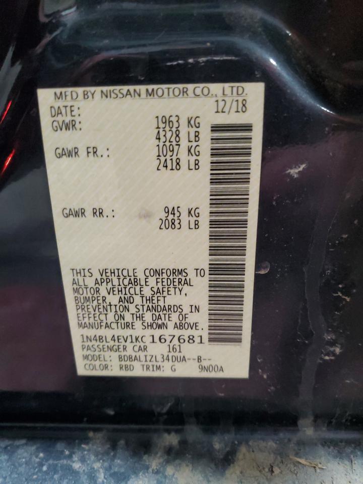 2019 Nissan Altima VIN 1N4BL4EV1KC167681 Copart auction photo, front end / rear end damage thumbnail 14