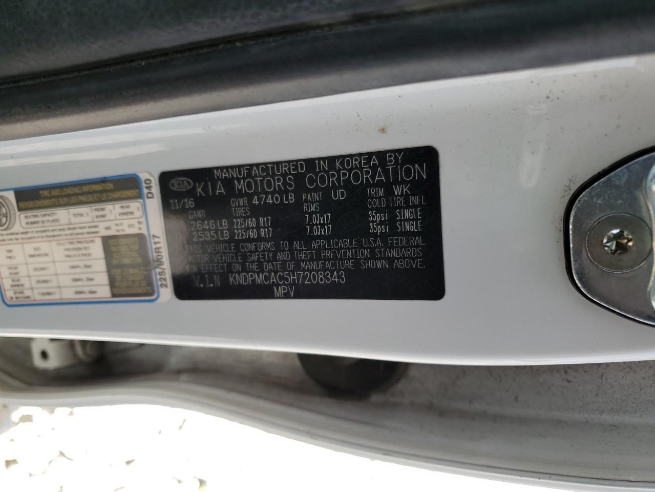 2017 KIA Sportage VIN KNDPMCAC5H7208343 Copart auction photo, vandalism damage thumbnail 12