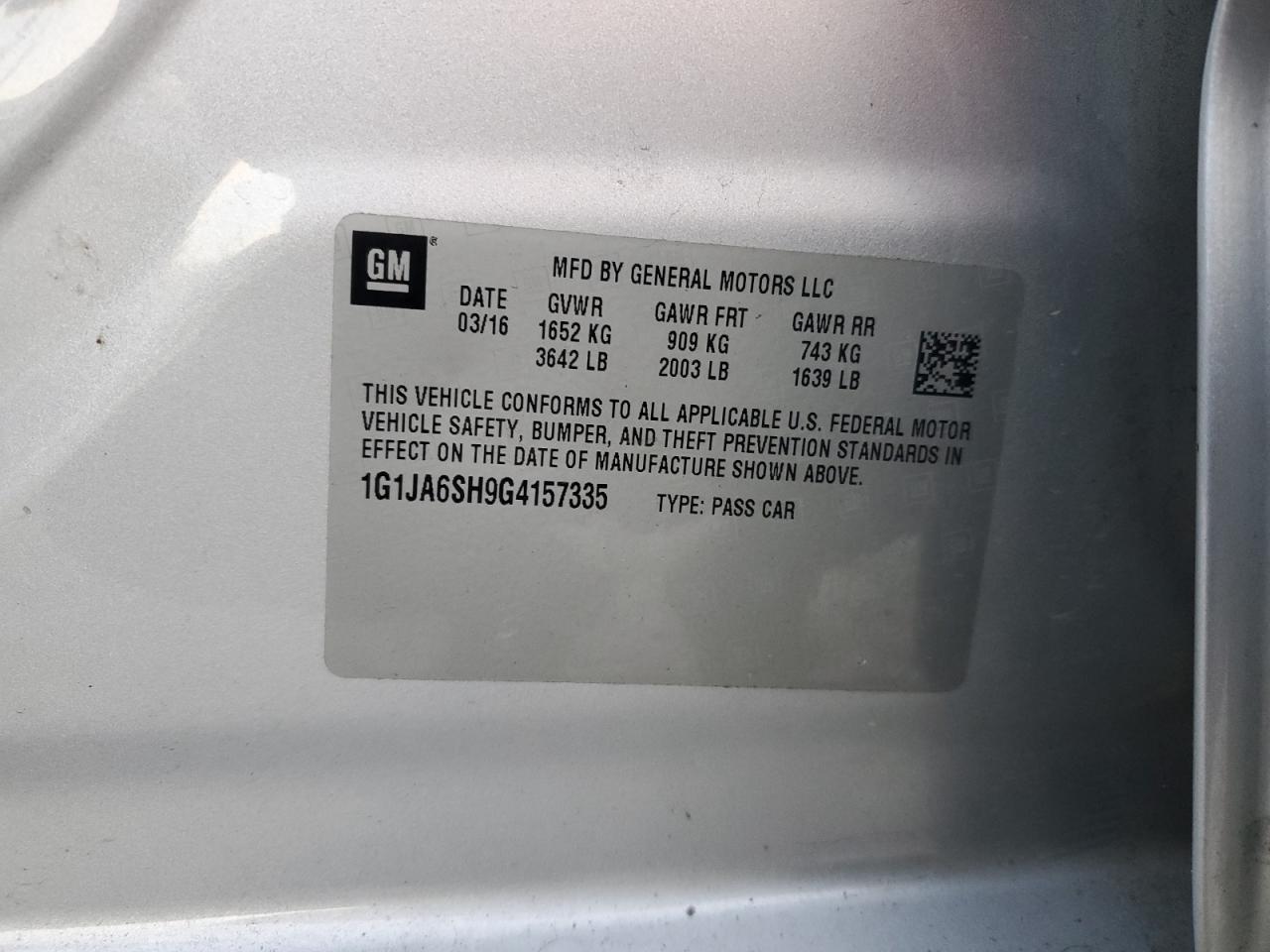 2016 Chevrolet Sonic VIN 1G1JA6SH9G4157335 Copart auction photo, side / rear end damage thumbnail 12