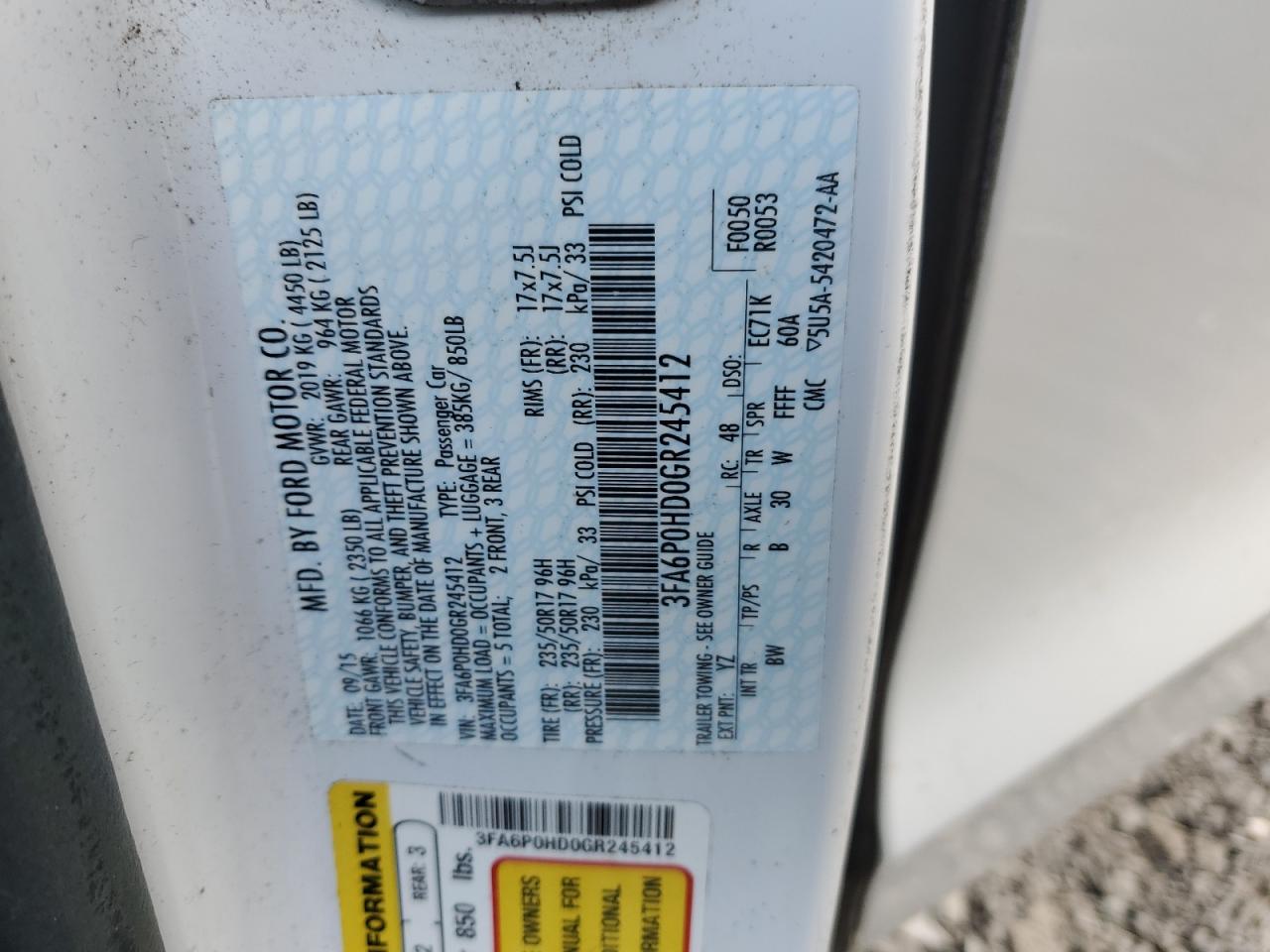 2016 Ford Fusion VIN 3FA6P0HD0GR245412 Copart auction photo, rear end damage thumbnail 12