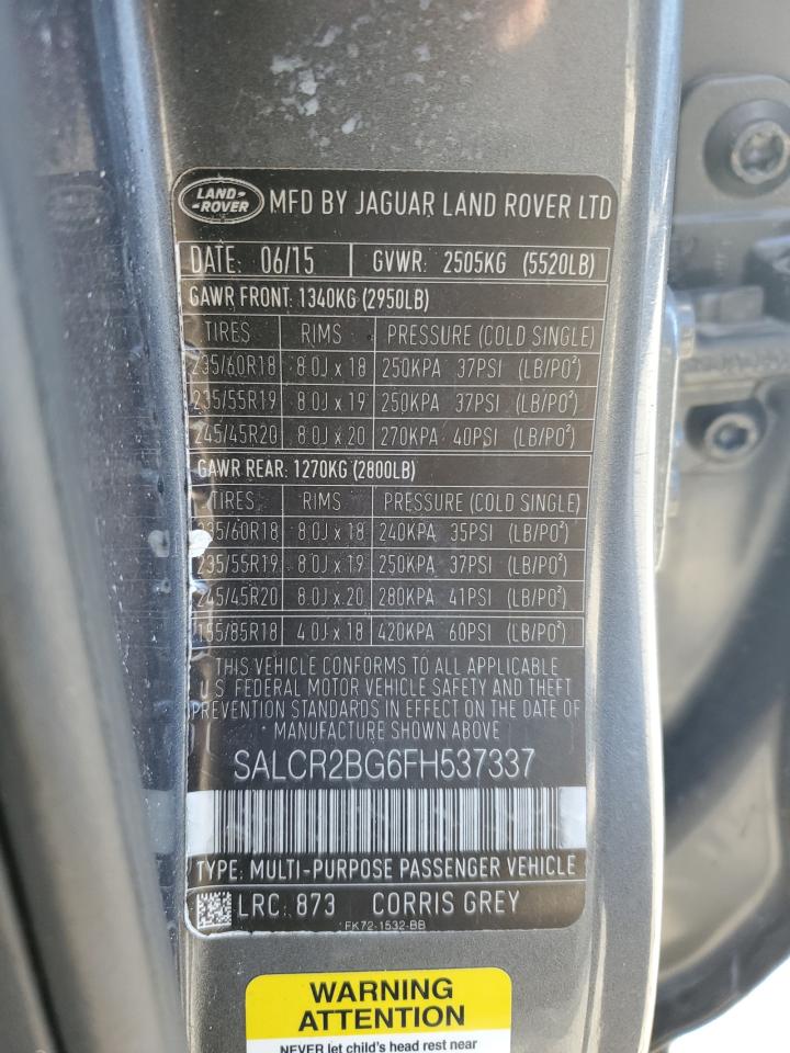 2015 Land Rover Discovery VIN SALCR2BG6FH537337 Copart auction photo, minor dent/scratches damage thumbnail 12