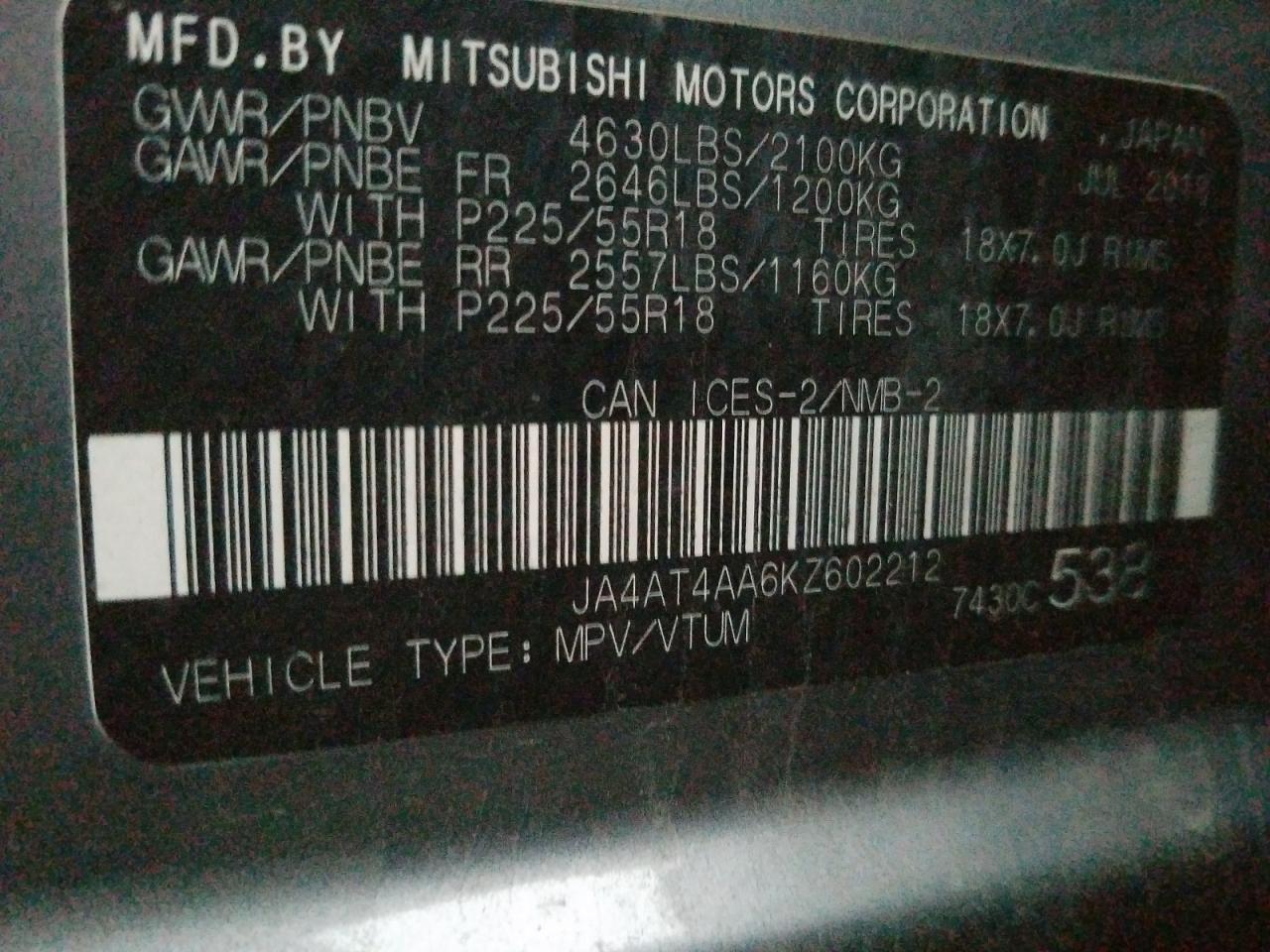 2019 Mitsubishi Eclipse VIN JA4AT4AA6KZ602212 Copart auction photo, front end damage thumbnail 12