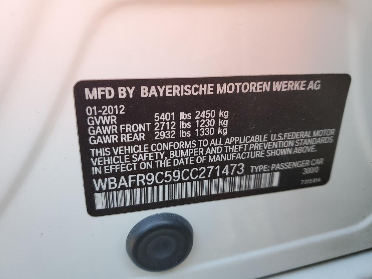 2012 BMW 5er VIN WBAFR9C59CC271473 Copart auction photo, mechanical damage thumbnail 12