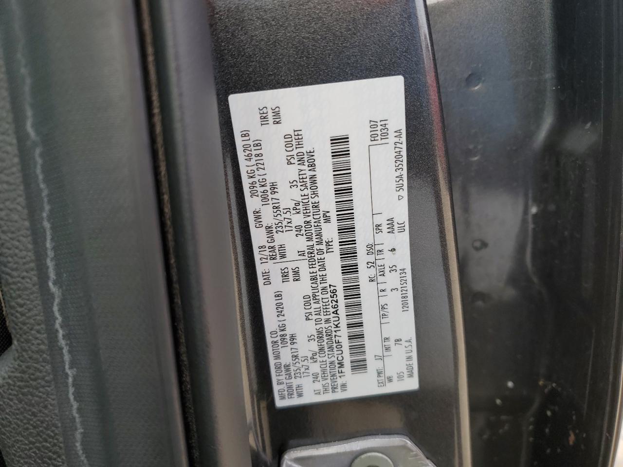 2019 Ford Escape VIN 1FMCU0F71KUA62567 Copart auction photo, water/flood damage thumbnail 14
