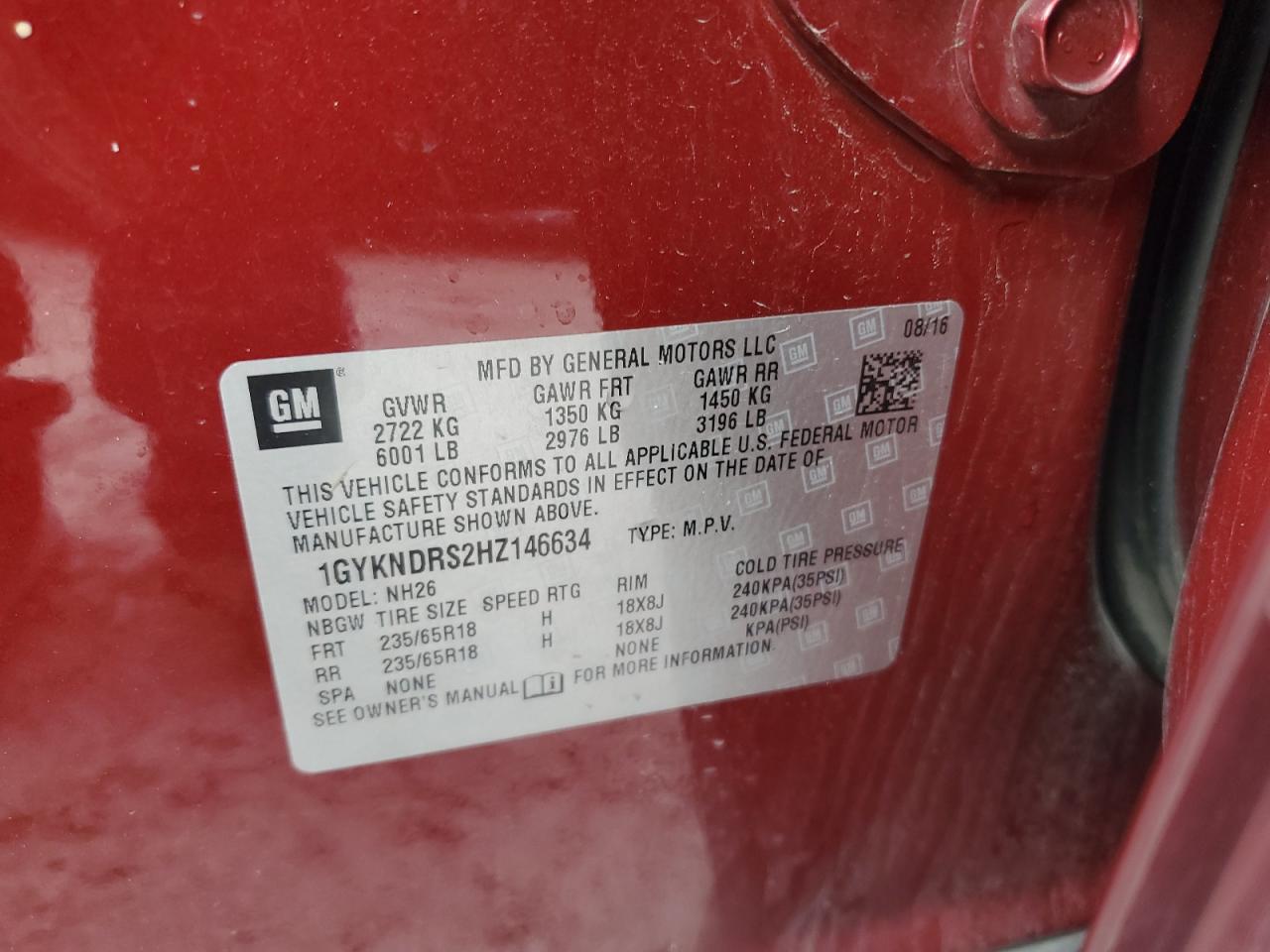 2017 Cadillac XT5 VIN 1GYKNDRS2HZ146634 Copart auction photo, side damage thumbnail 13