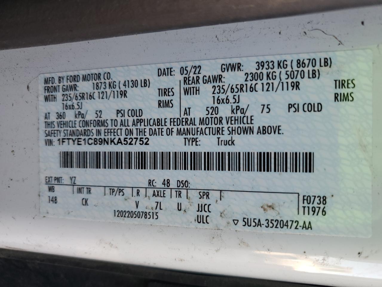 2022 Ford Transit VIN 1FTYE1C89NKA52752 Copart auction photo, front end / minor dent/scratches damage thumbnail 13