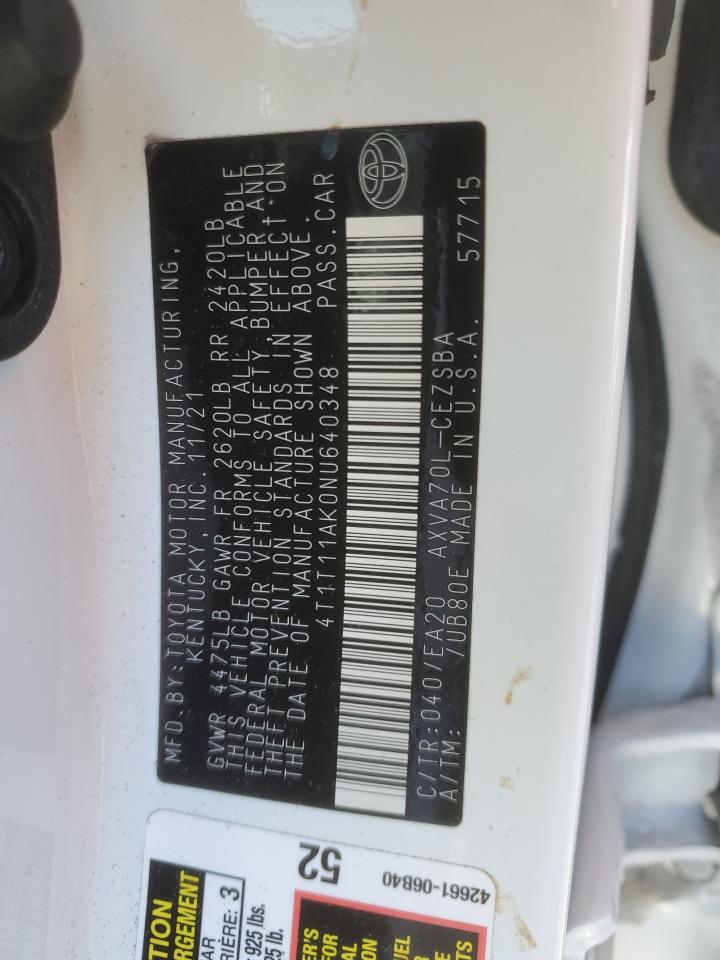2022 Toyota Camry VIN 4T1T11AK0NU640348 Copart auction photo, side / front end damage thumbnail 15