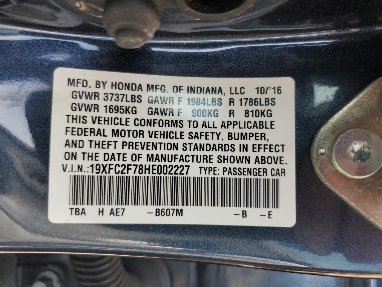 2017 Honda Civic VIN 19XFC2F78HE002227 Copart auction photo, rear end / minor dent/scratches damage thumbnail 12