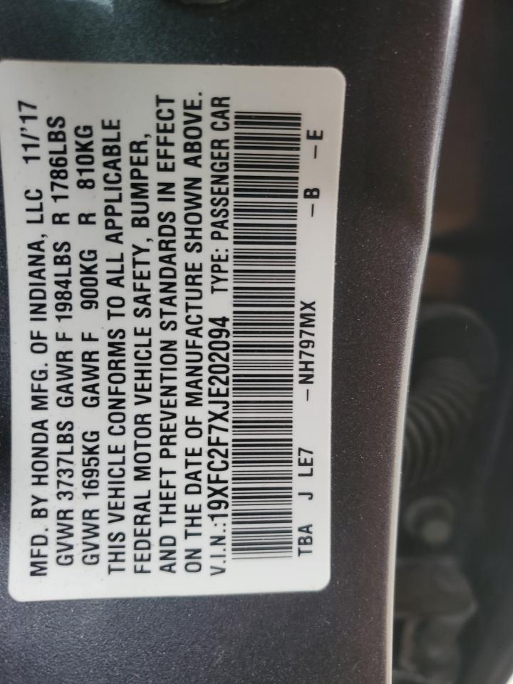 2018 Honda Civic VIN 19XFC2F7XJE202094 Copart auction photo, all over damage thumbnail 12