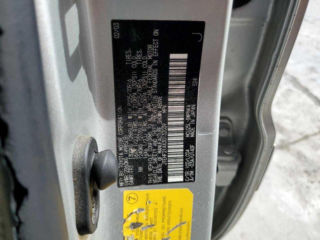 2003 Toyota Highlander VIN JTEHF21AX30132039 Copart auction photo, all over damage thumbnail 13