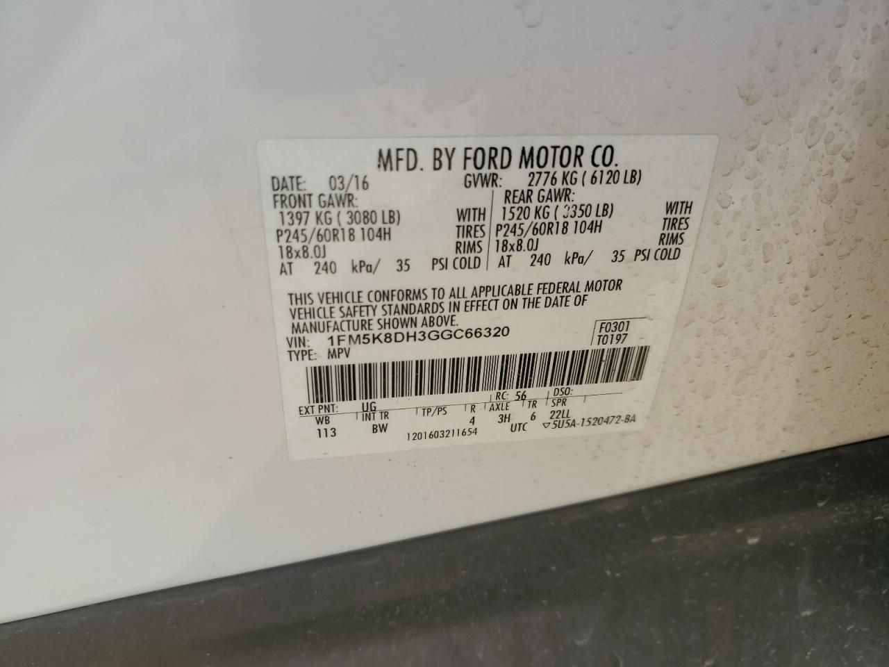 2016 Ford Explorer VIN 1FM5K8DH3GGC66320 Copart auction photo, front end damage thumbnail 12