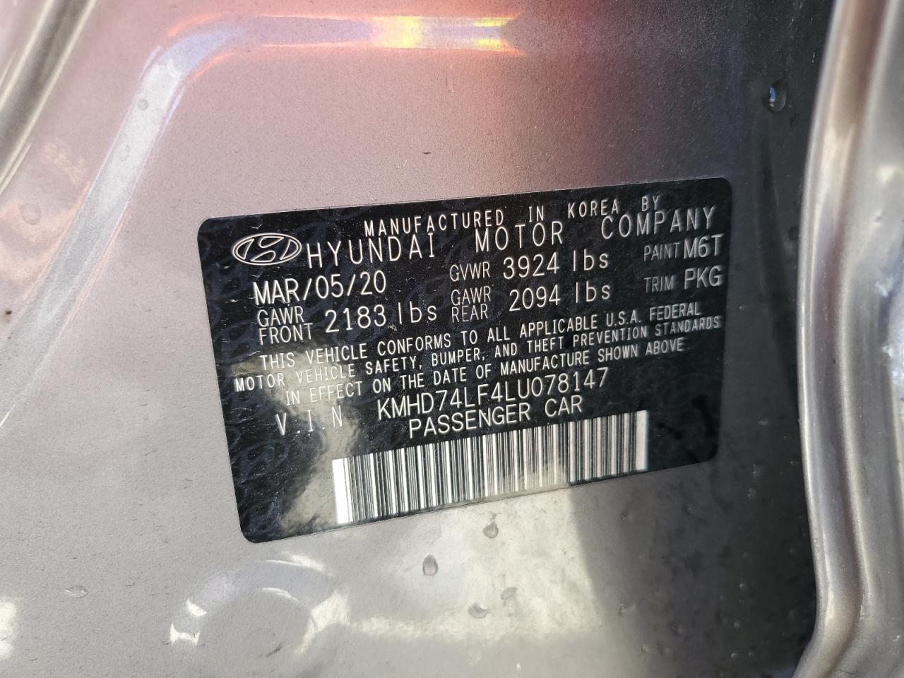2020 Hyundai Elantra VIN KMHD74LF4LU078147 Copart auction photo, side / rear end damage thumbnail 12