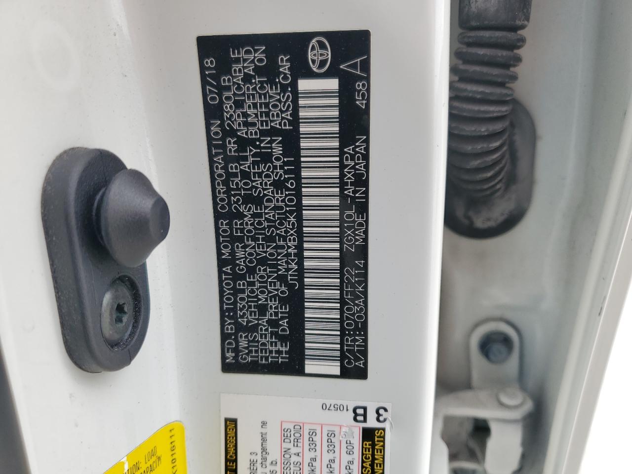 2019 Toyota C-HR VIN JTNKHMBX5K1016111 Copart auction photo, rear end / front end damage thumbnail 13