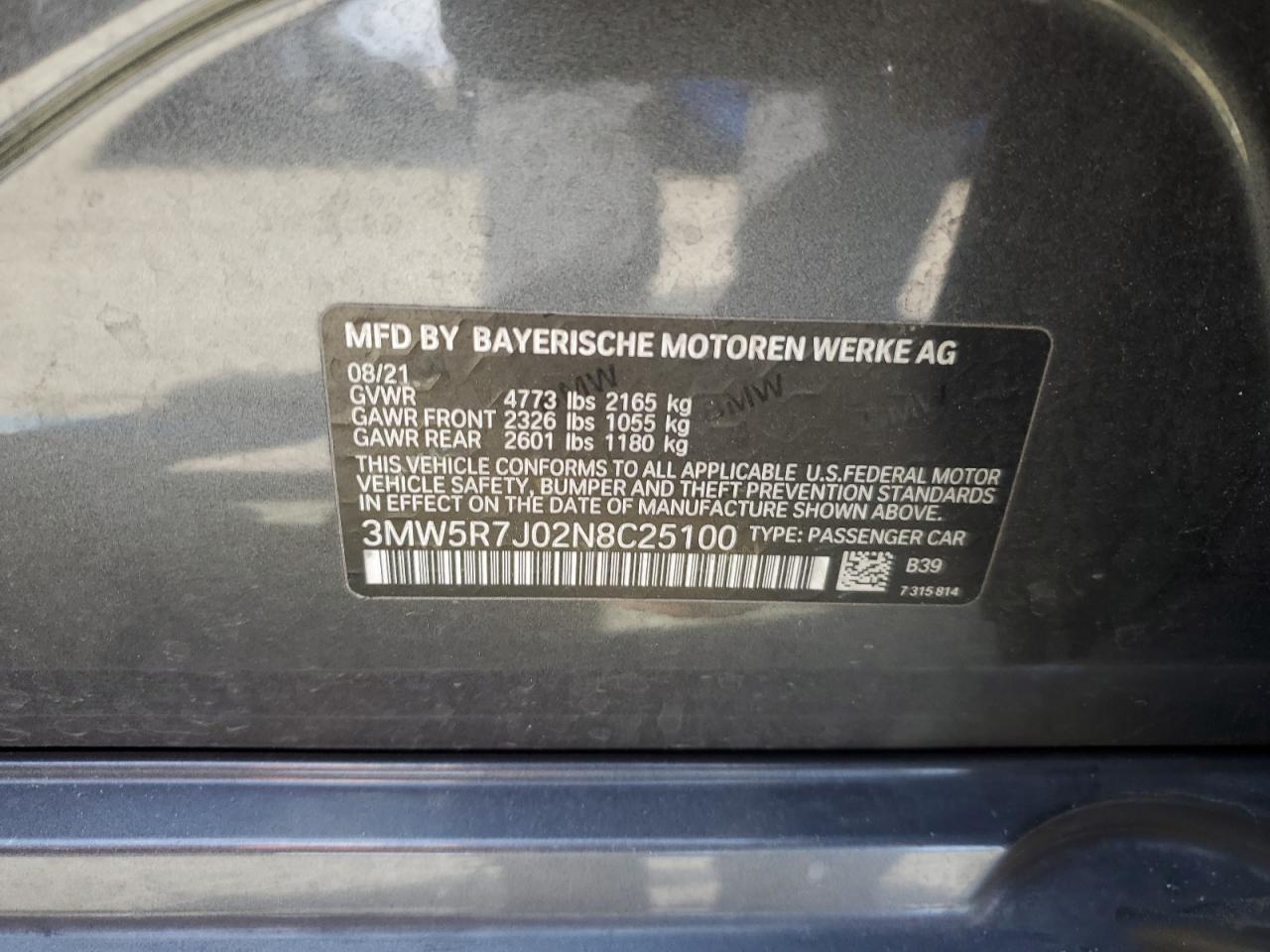 2022 BMW 3er VIN 3MW5R7J02N8C25100 Copart auction photo, side damage thumbnail 14