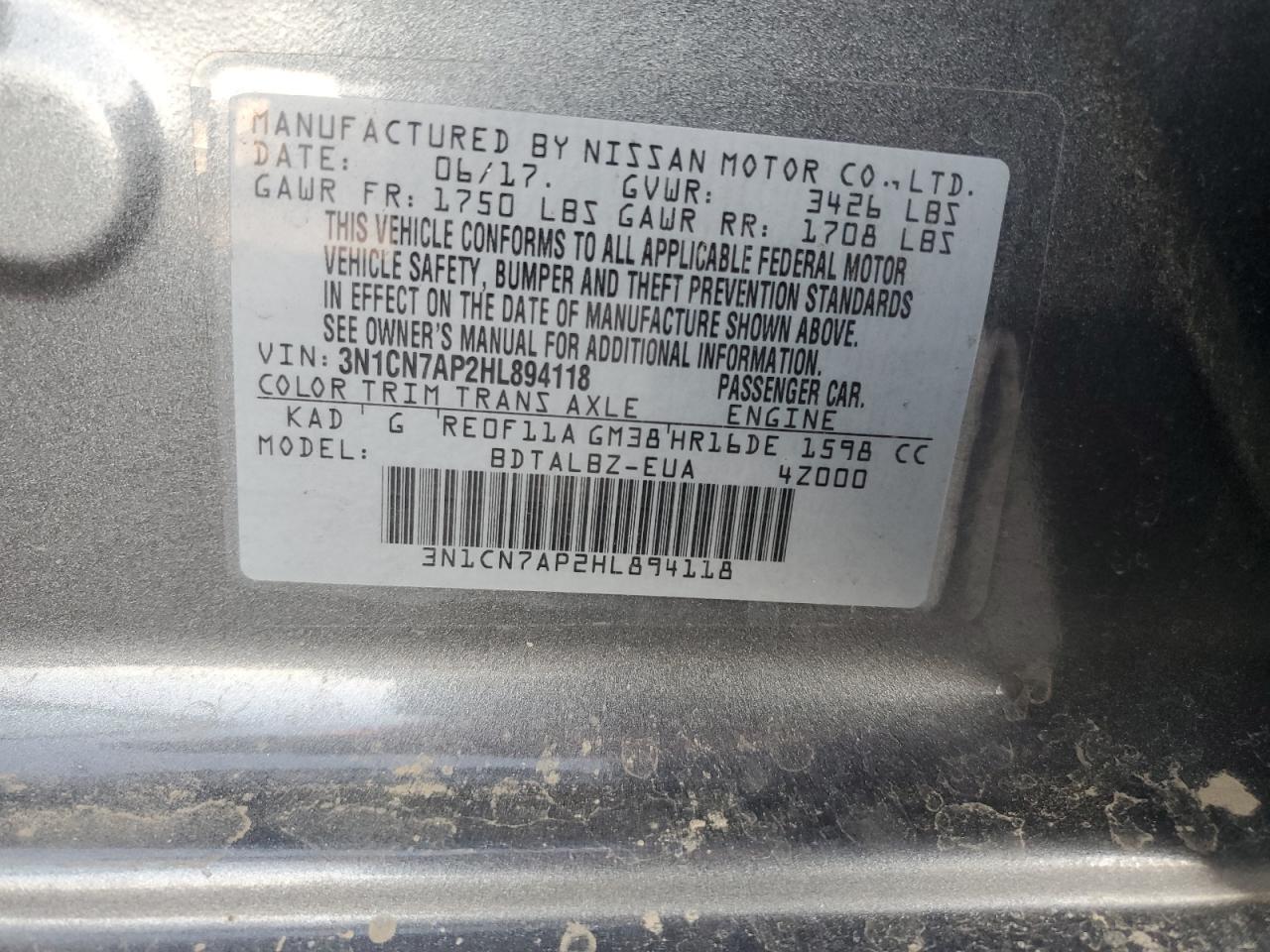 2017 Nissan Versa VIN 3N1CN7AP2HL894118 Copart auction photo, front end damage thumbnail 13