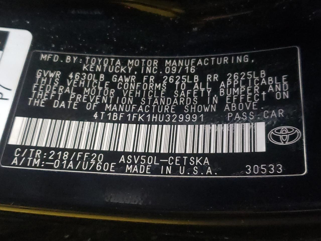 2017 Toyota Camry VIN 4T1BF1FK1HU329991 Copart auction photo, front end / side damage thumbnail 13