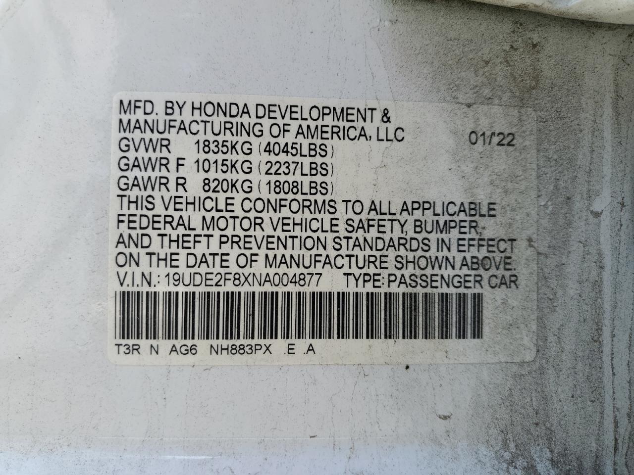 2022 Acura ILX VIN 19UDE2F8XNA004877 Copart auction photo, front end / side damage thumbnail 13