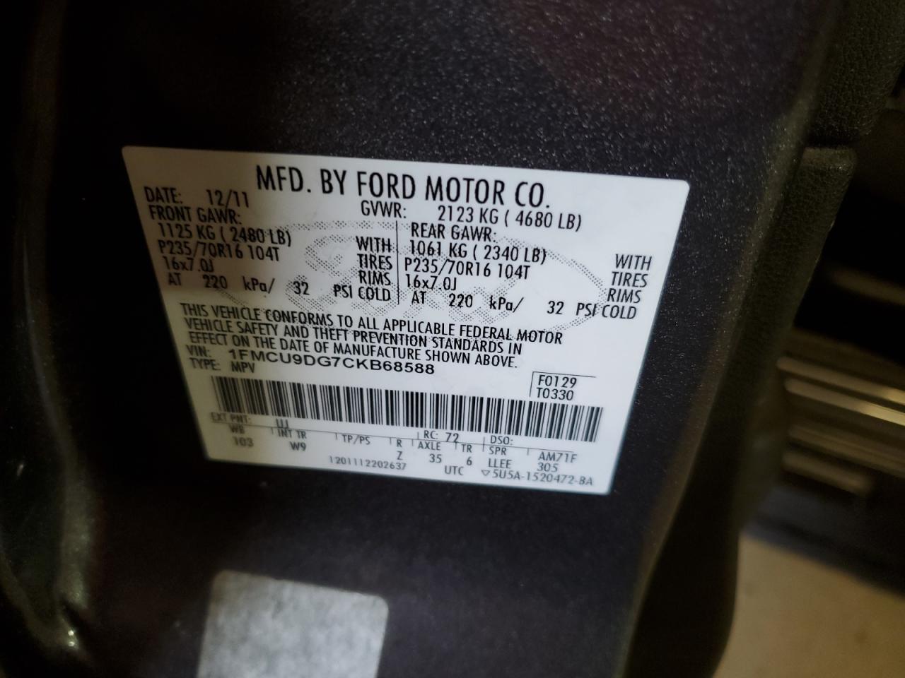 2012 Ford Escape VIN 1FMCU9DG7CKB68588 Copart auction photo, front end / minor dent/scratches damage thumbnail 15