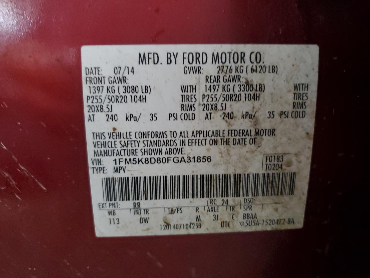 2015 Ford Explorer VIN 1FM5K8D80FGA31856 Copart auction photo, front end / undercarriage damage thumbnail 15