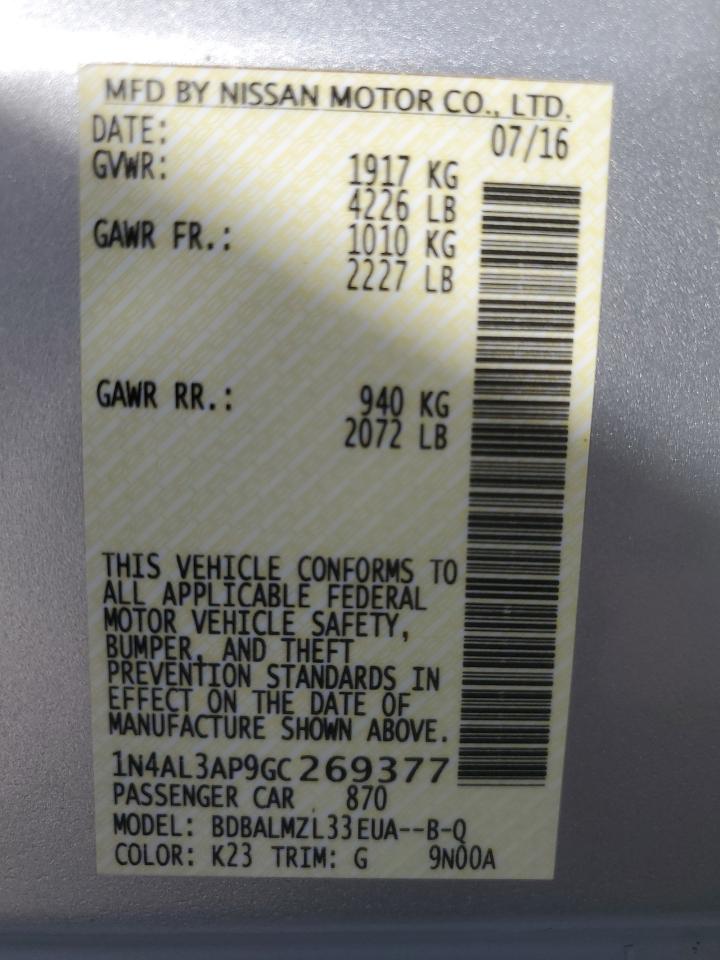 2016 Nissan Altima VIN 1N4AL3AP9GC269377 Copart auction photo, water/flood damage thumbnail 13