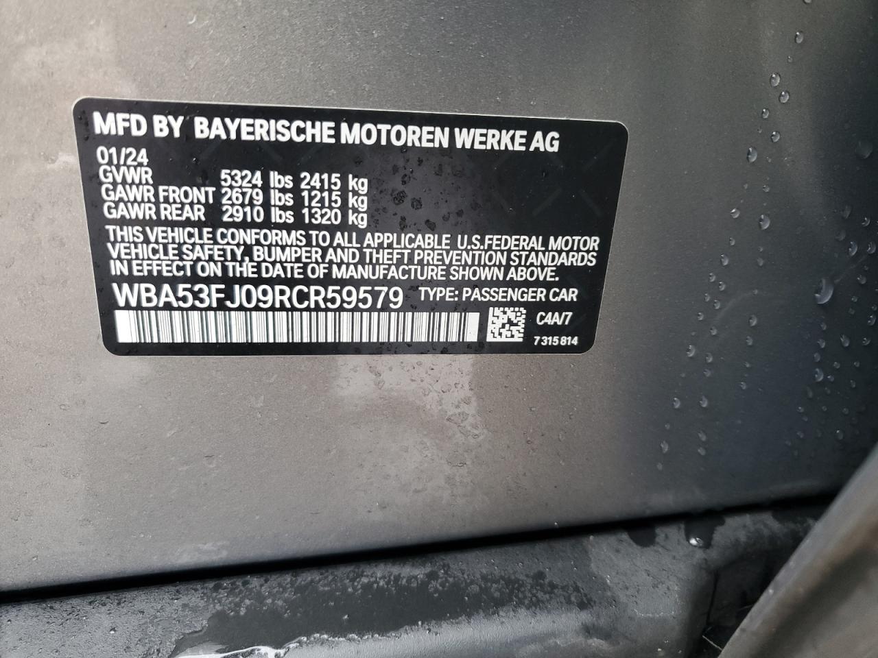 2024 BMW 5er VIN WBA53FJ09RCR59579 Copart auction photo, front end / minor dent/scratches damage thumbnail 12
