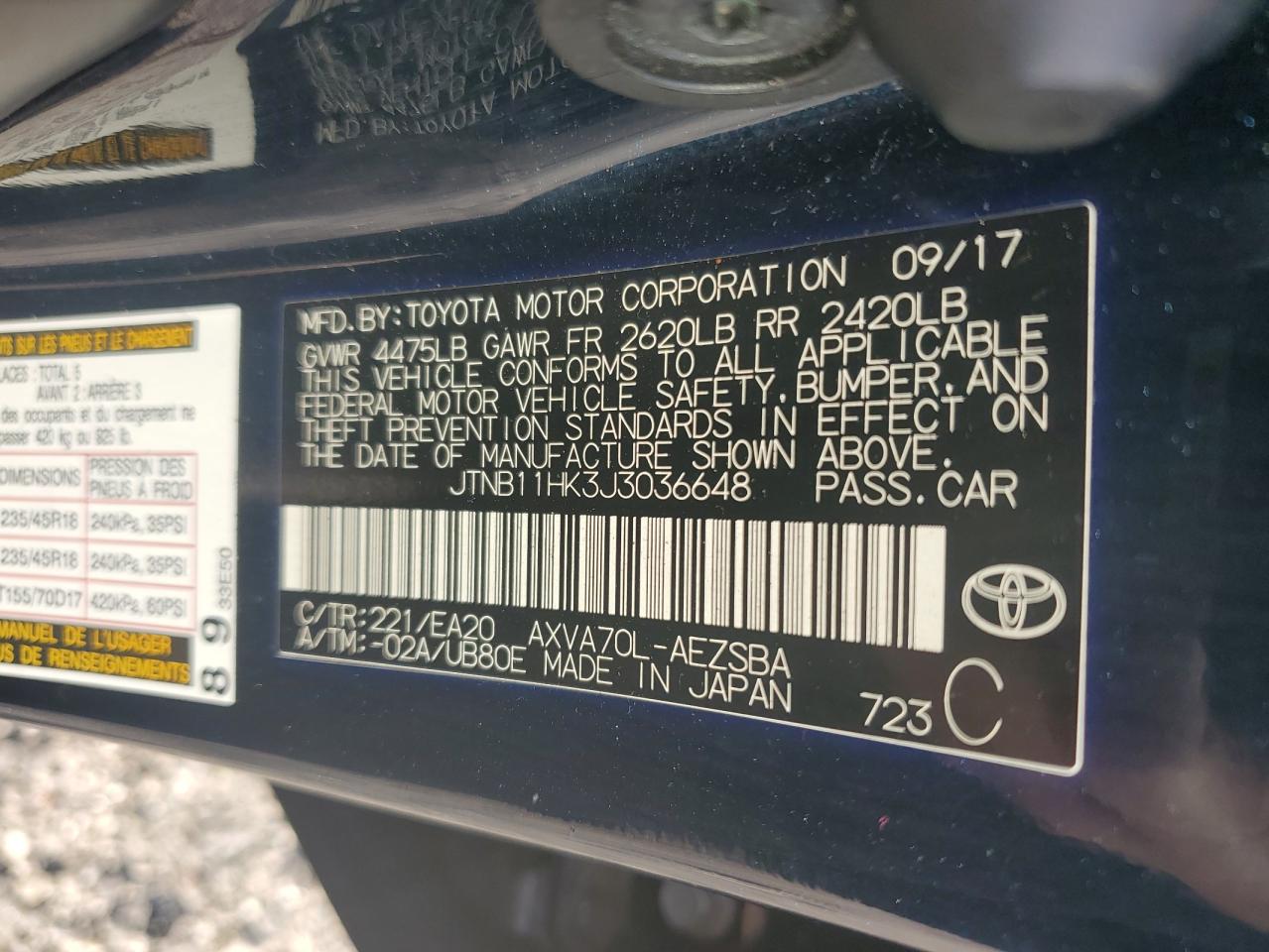 2018 Toyota Camry VIN JTNB11HK3J3036648 Copart auction photo, rear end / minor dent/scratches damage thumbnail 12