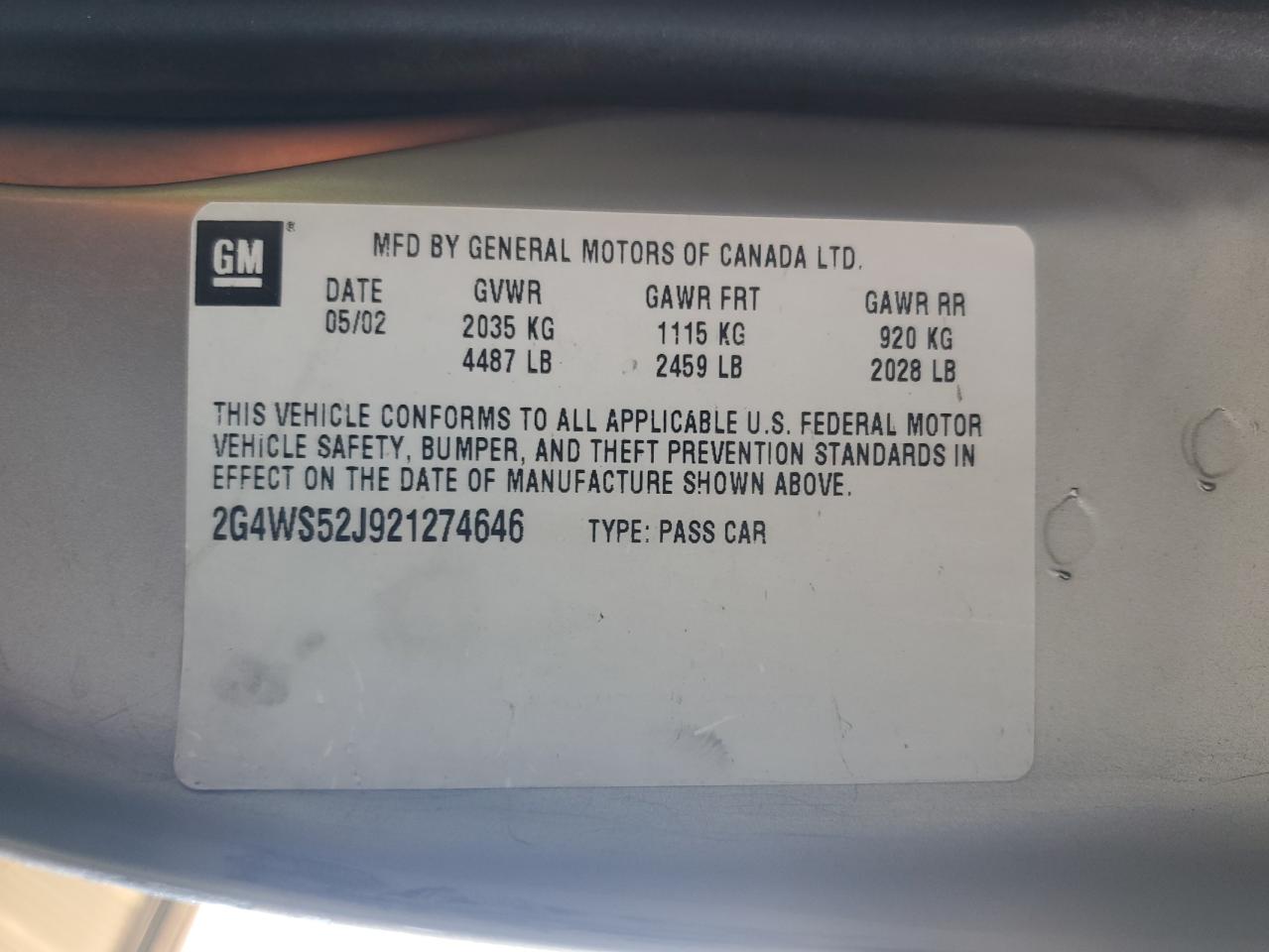 2002 Buick Century VIN 2G4WS52J921274646 Copart auction photo, rear end damage thumbnail 13