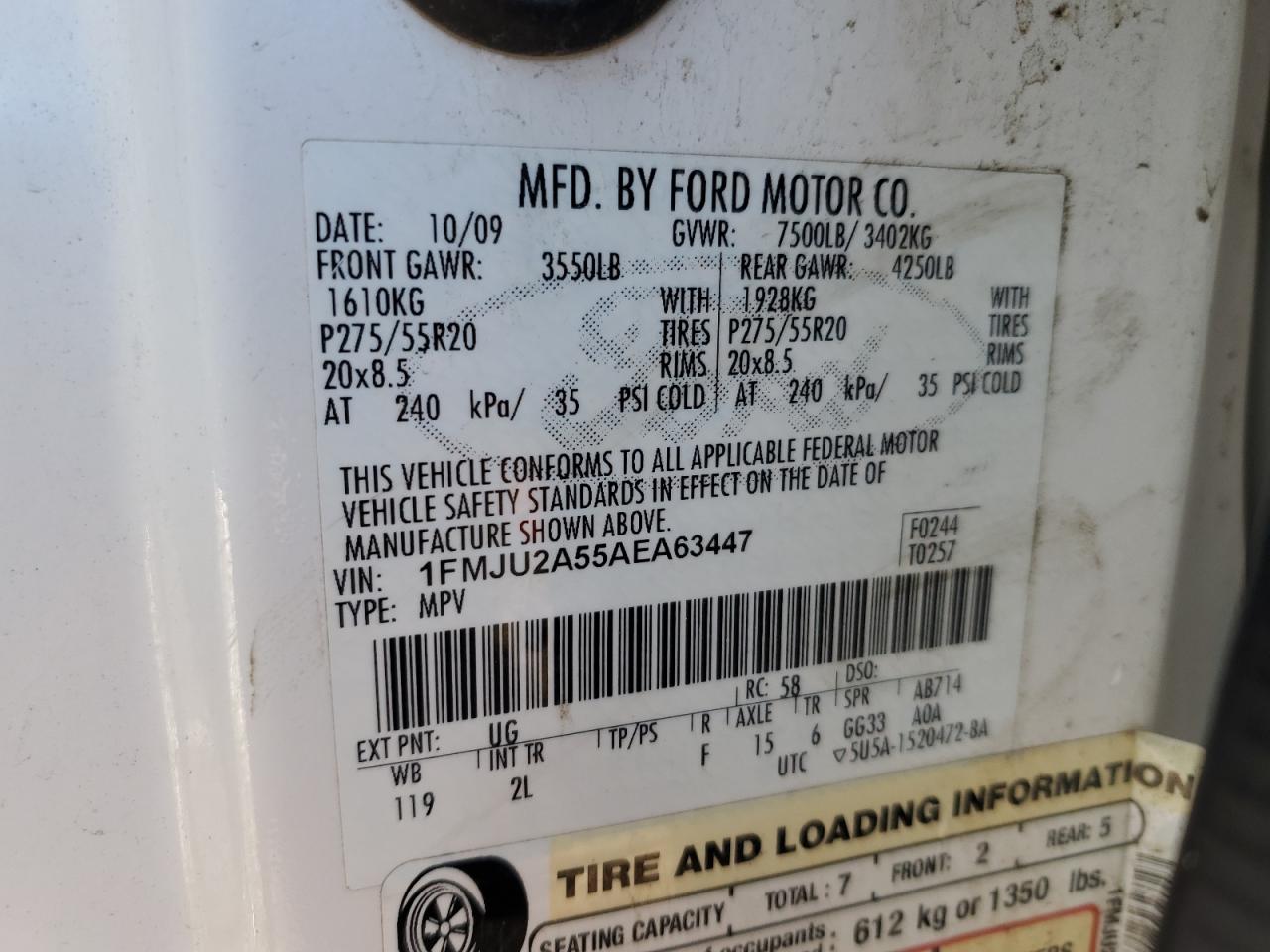 2010 Ford Expedition VIN 1FMJU2A55AEA63447 Copart auction photo, rear end damage thumbnail 14