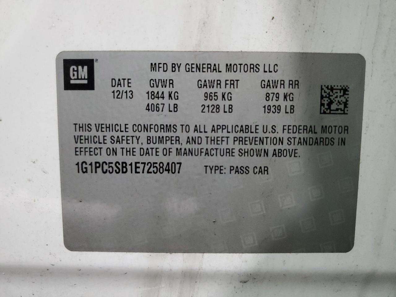 2014 Chevrolet Cruze VIN 1G1PC5SB1E7258407 Copart auction photo, side / front end damage thumbnail 13