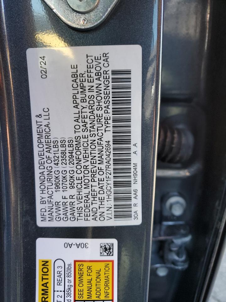 2024 Honda Accord VIN 1HGCY1F27RA042694 Copart auction photo, front end damage thumbnail 14