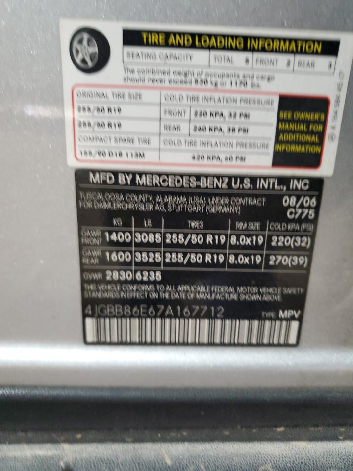 2007 Mercedes-Benz M-klasse VIN 4JGBB86E67A167712 Copart auction photo, front end damage thumbnail 13