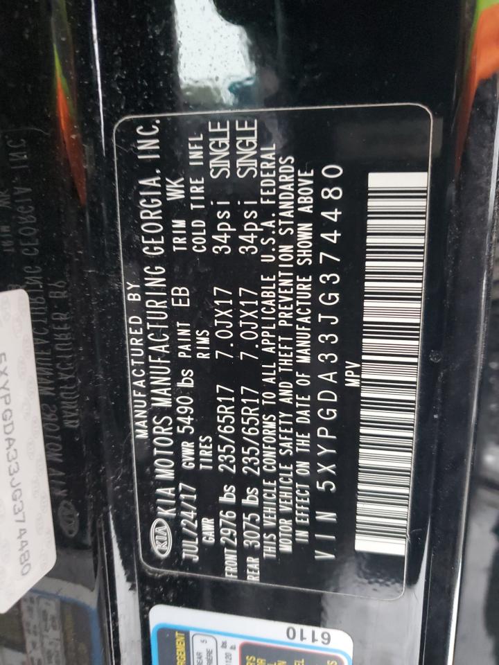 2018 KIA Sorento VIN 5XYPGDA33JG374480 Copart auction photo, front end damage thumbnail 14