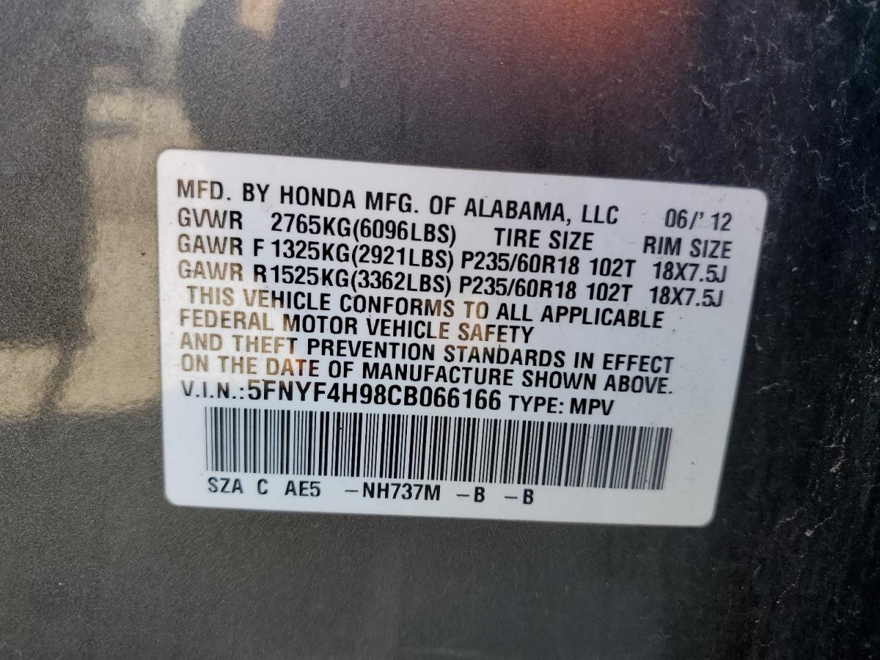 2012 Honda Pilot VIN 5FNYF4H98CB066166 Copart auction photo, all over damage thumbnail 15