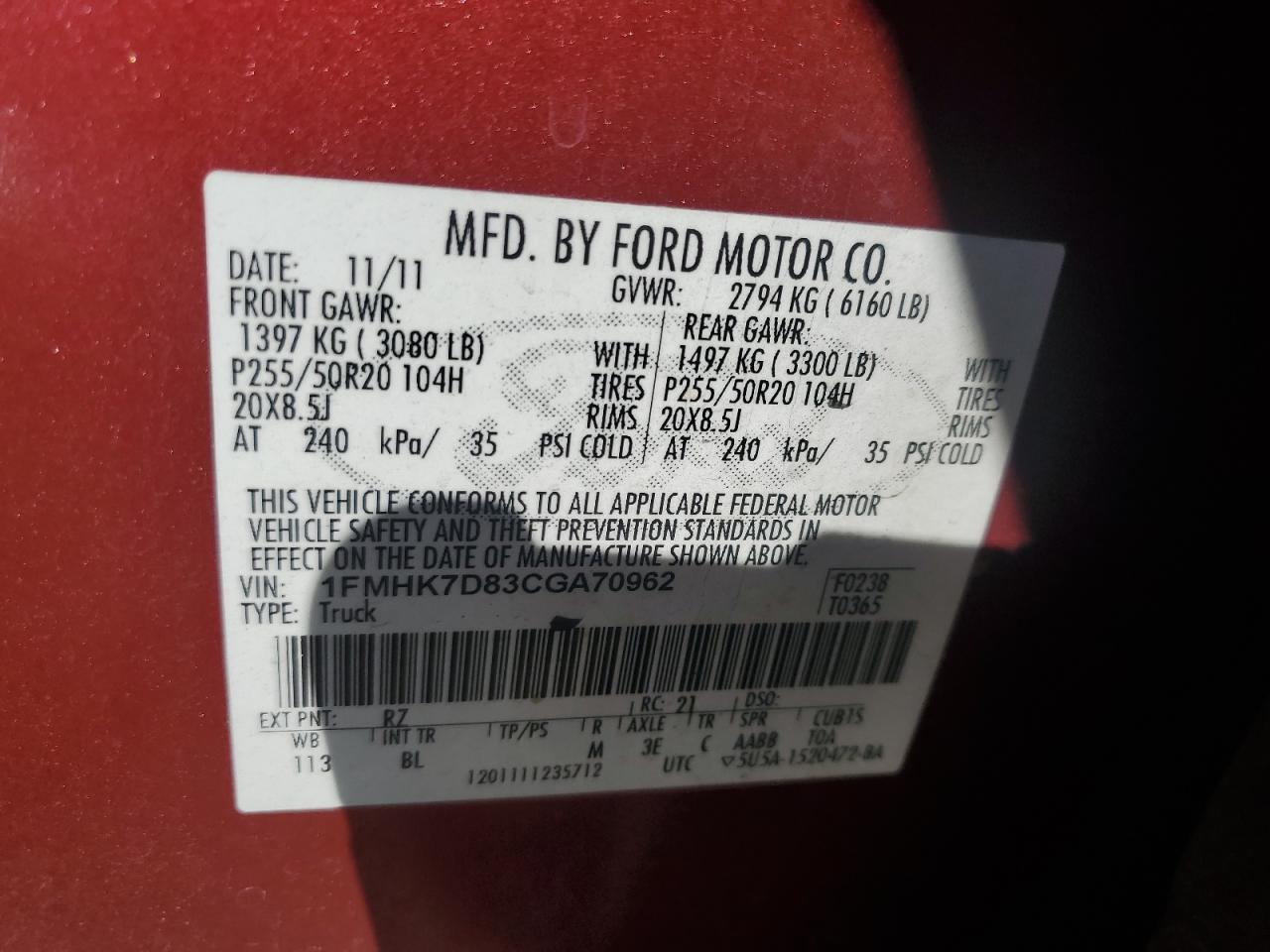 2012 Ford Explorer VIN 1FMHK7D83CGA70962 Copart auction photo, front end damage thumbnail 14
