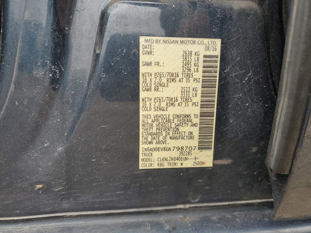 2016 Nissan Navara (Frontier) VIN 1N6AD0EV8GN798707 Copart auction photo, rear end damage thumbnail 12