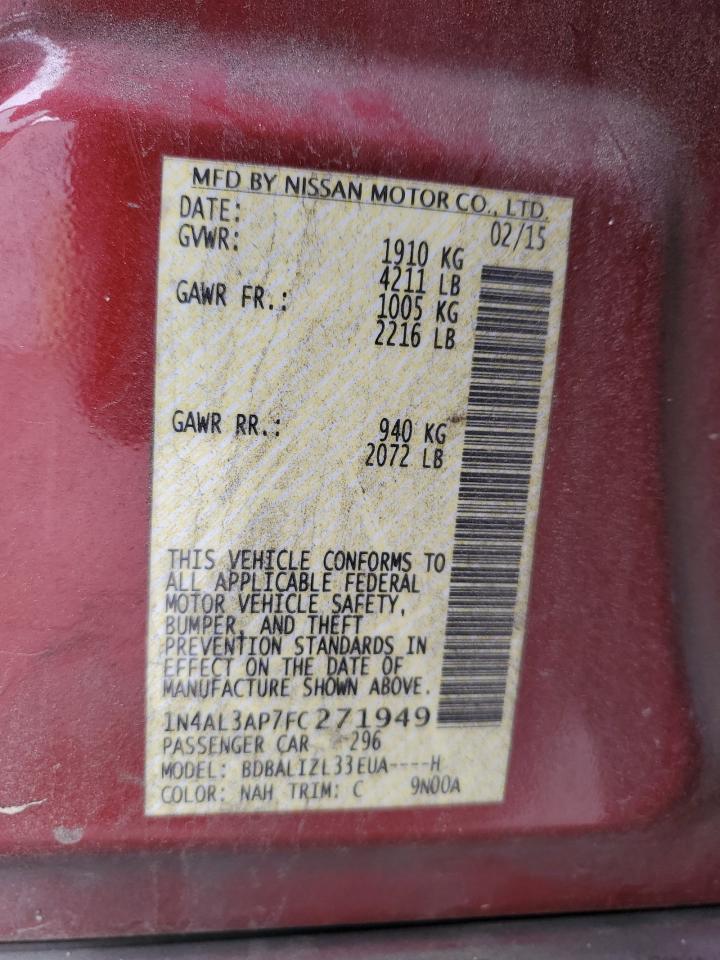 2015 Nissan Altima VIN 1N4AL3AP7FC271949 Copart auction photo, front end damage thumbnail 13