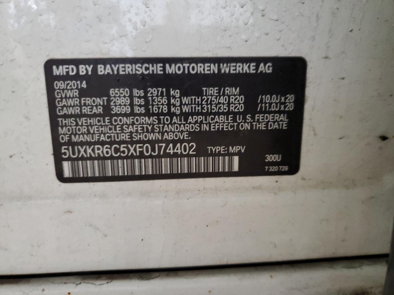 2015 BMW X5 VIN 5UXKR6C5XF0J74402 Copart auction photo, front end / rear end damage thumbnail 14