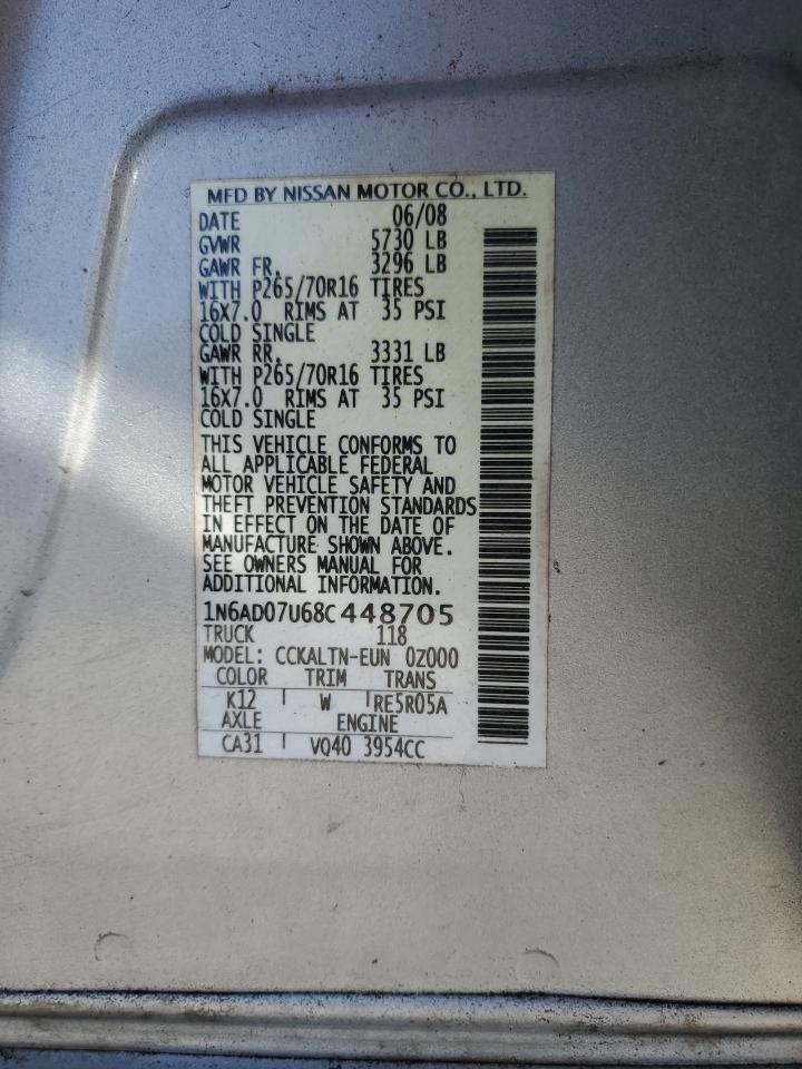 2008 Nissan Navara (Frontier) VIN 1N6AD07U68C448705 Copart auction photo, front end damage thumbnail 13
